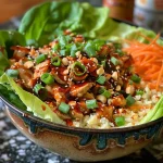 Close-up of a vibrant Chicken Lettuce Wrap Bowl filled with colorful veggies and minced chicken.