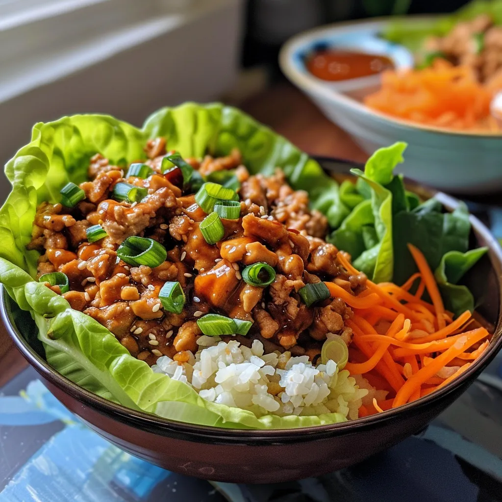 Side view of a Chicken Lettuce Wrap Bowl showcasing ground chicken, lettuce, and garnished with carrots.