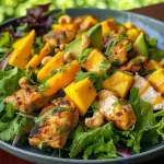 A colorful chicken breast salad featuring mango and avocado, garnished with red onion and cilantro.