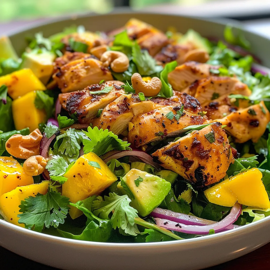 Side view of a colorful salad featuring chicken, mangoes, and avocados, garnished with sliced almonds.