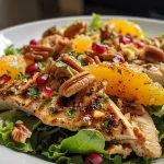 Close-up view of a vibrant chicken, orange, and walnut salad.
