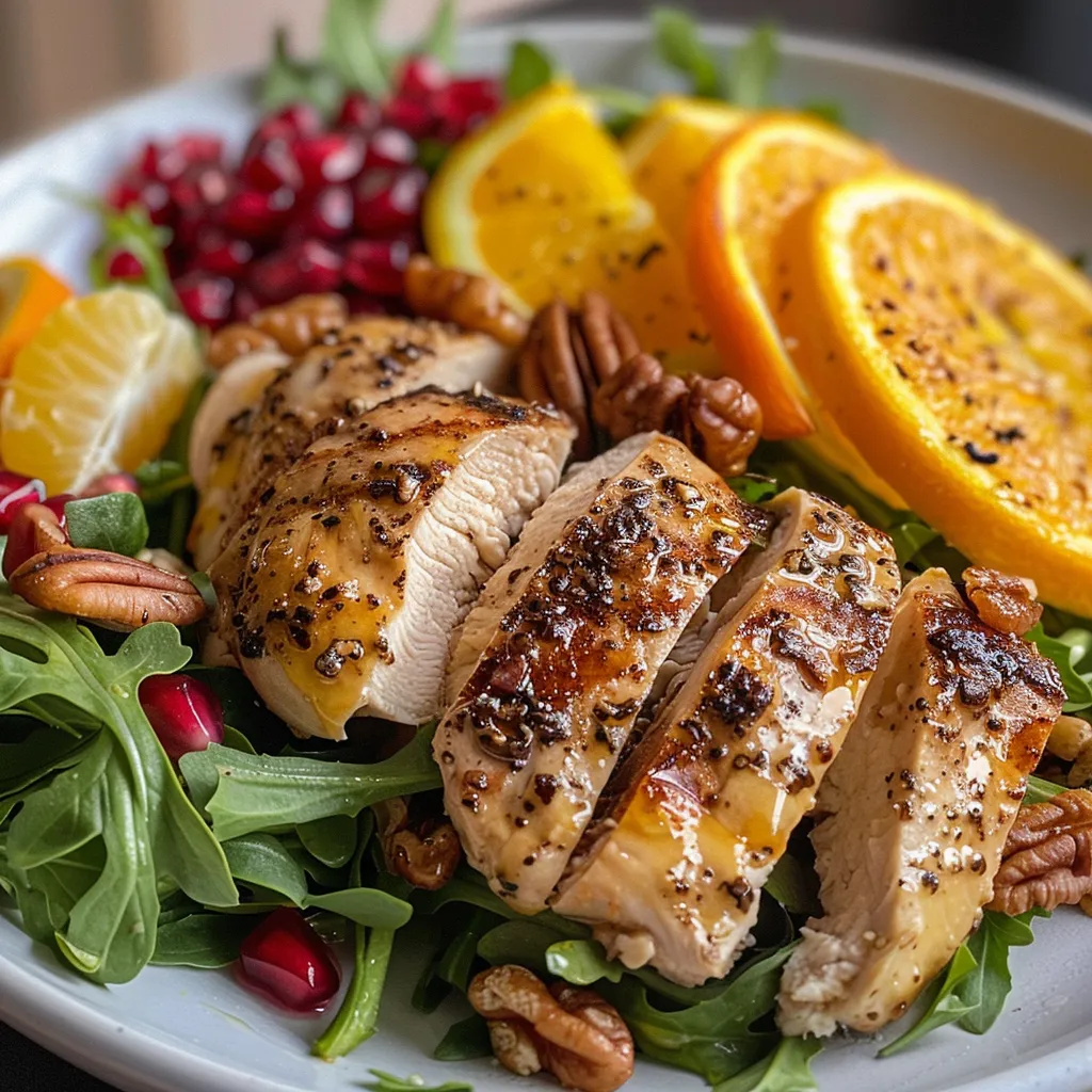 Side angle of a fresh salad featuring juicy chicken, oranges, and walnuts.