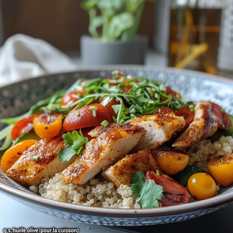 Close-up view of a Chicken Quinoa Bowl with vibrant vegetables.