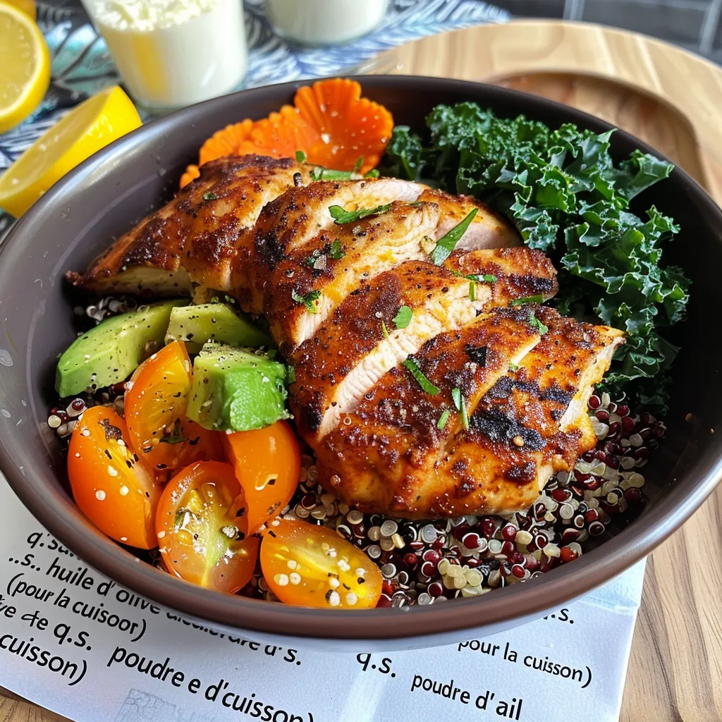 Side view of a hearty Chicken Quinoa Bowl garnished with fresh herbs.