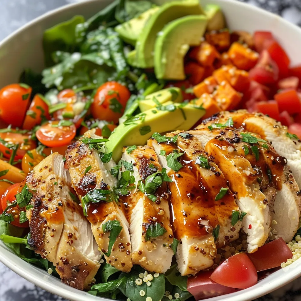 Side view of a hearty Chicken Quinoa Power Bowl filled with quinoa, vibrant vegetables, and avocado.