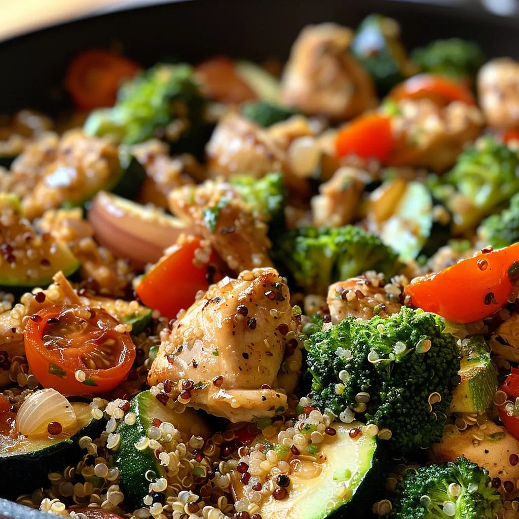 Juicy pieces of chicken and fresh vegetables in a quinoa skillet dish.