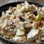 Close-up of a colorful chicken salad with diced apples and cranberries.