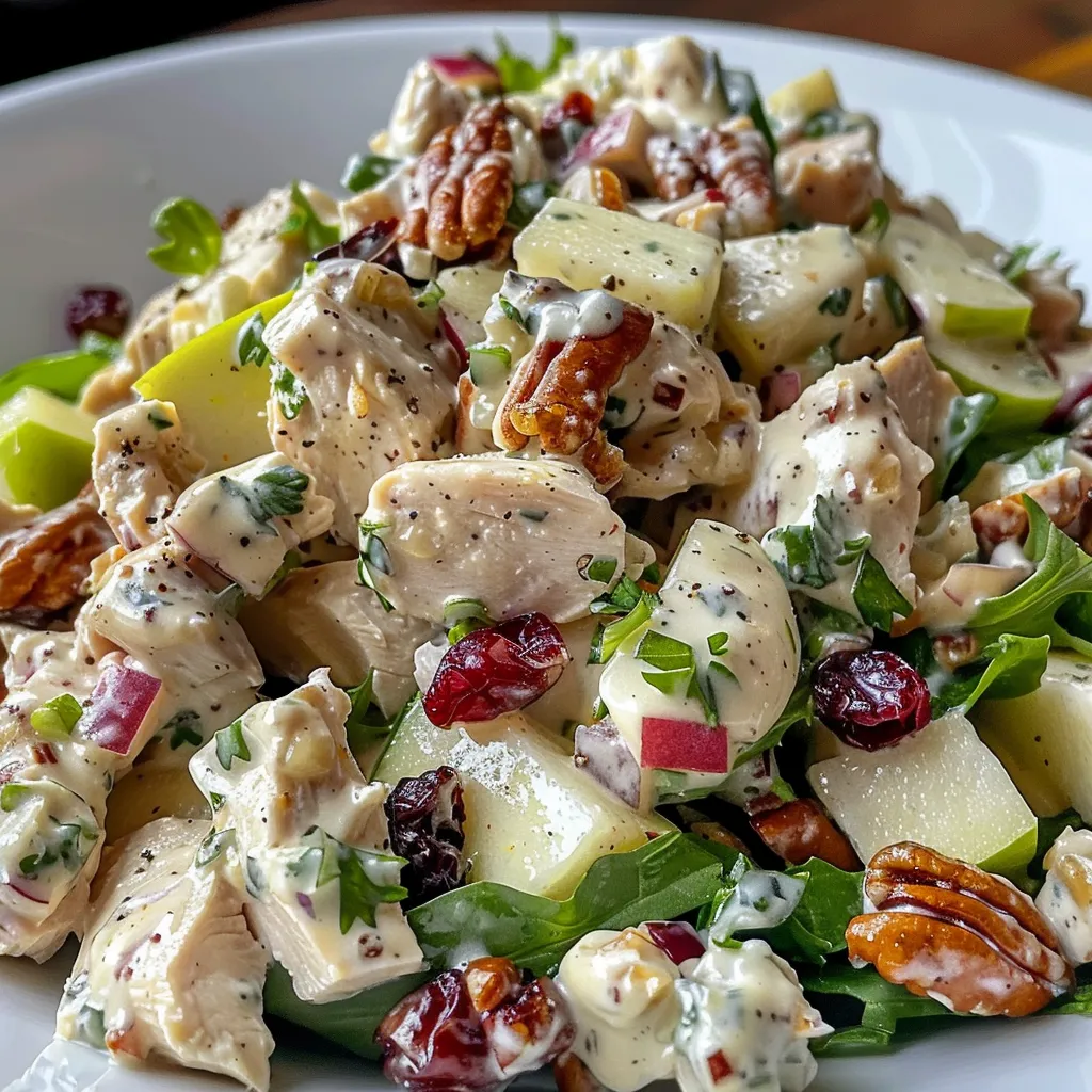 Side view of a chicken salad featuring chopped chicken and pecans.