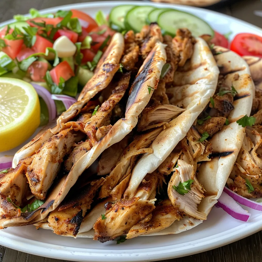 Side view of marinated chicken shawarma served with garlic sauce.