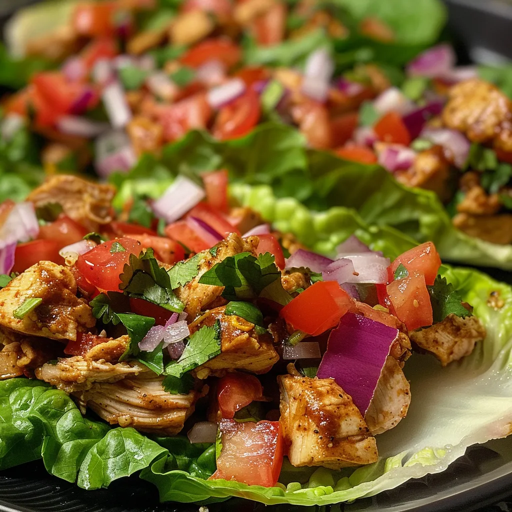 Side angle of chicken taco lettuce wraps filled with seasoned chicken, cilantro, and lime juice.