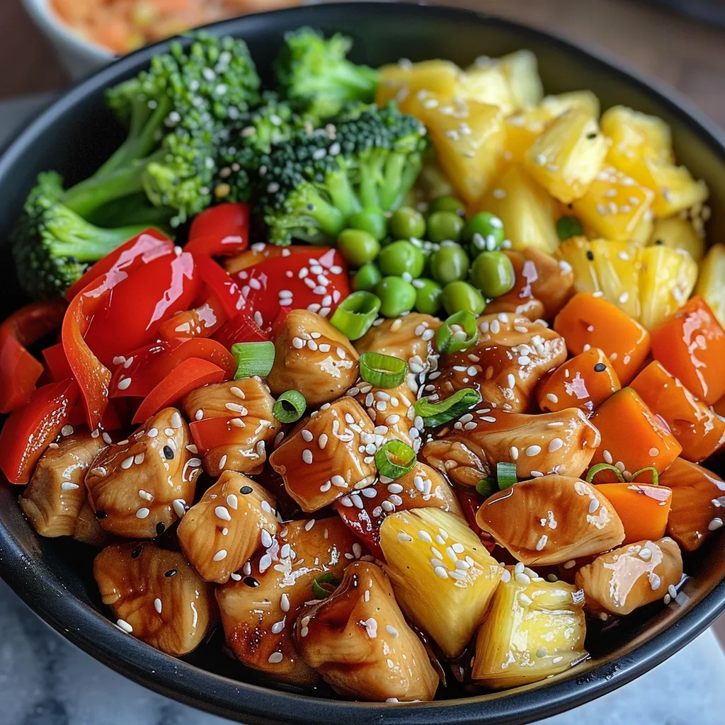 Side view of a vibrant bowl filled with chicken teriyaki, fresh pineapple, and garnished with green onions.