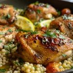 Juicy chicken thighs served with pearl couscous and fresh herbs on a plate.