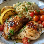 Juicy chicken thighs served on a bed of pearl couscous with fresh herbs and lemon slices.