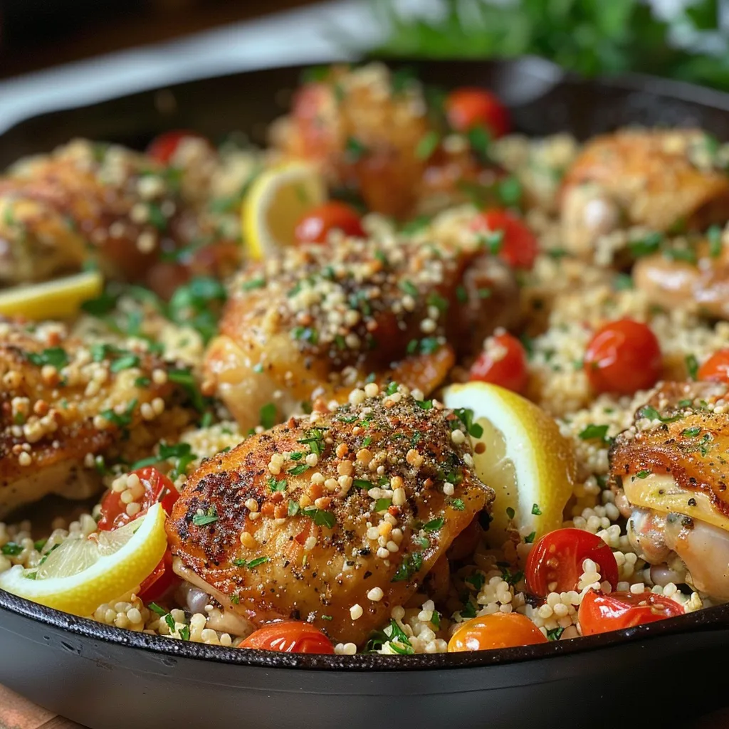 Close-up of a delicious chicken and couscous dish garnished with parsley and lemon slices.