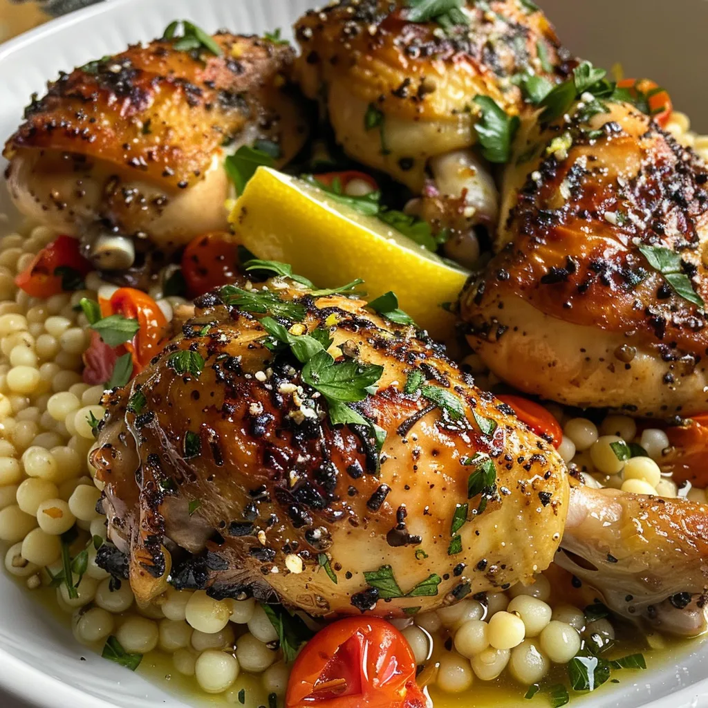 Close-up of a plate featuring roasted chicken with couscous, garlic, and cherry tomatoes.