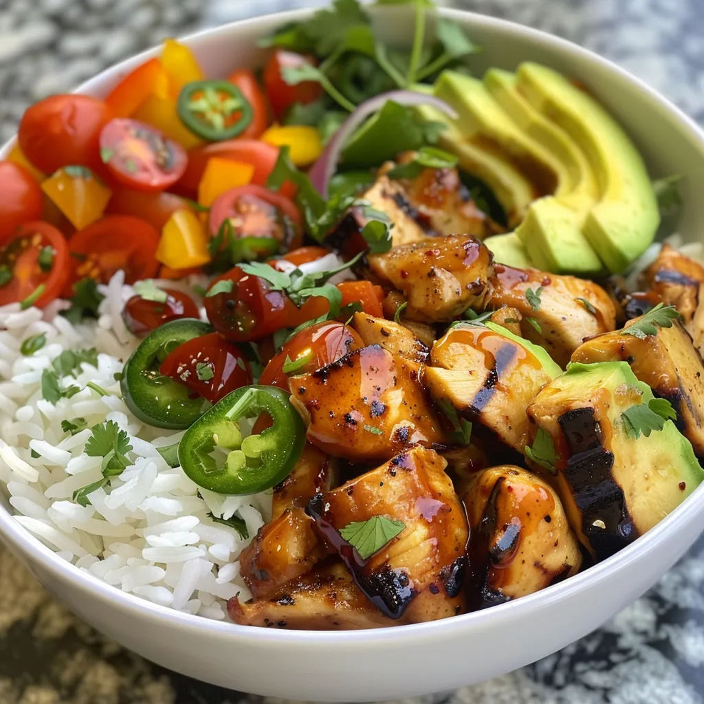 Juicy chicken served in a bowl with sliced vegetables and rice, garnished with cilantro.