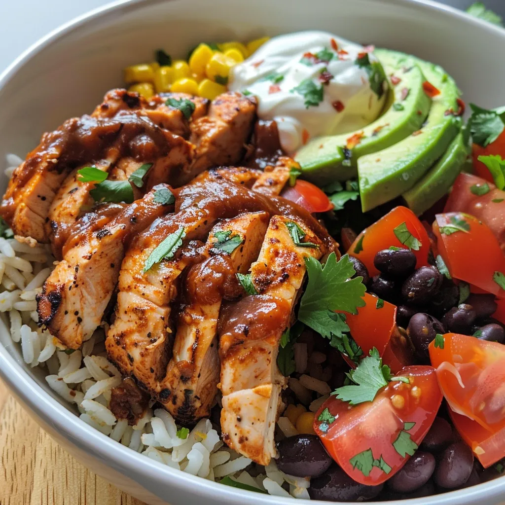 Side perspective of a Chipotle Chicken Bowl featuring colorful toppings.