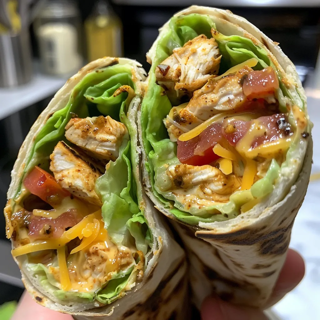 Side view of a juicy Chipotle Chicken Wrap filled with fresh ingredients.