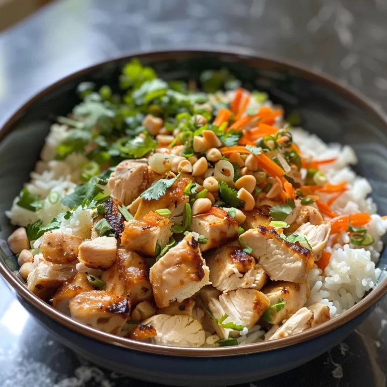 Close-up view of a Coconut Chicken Rice Bowl with colorful ingredients.