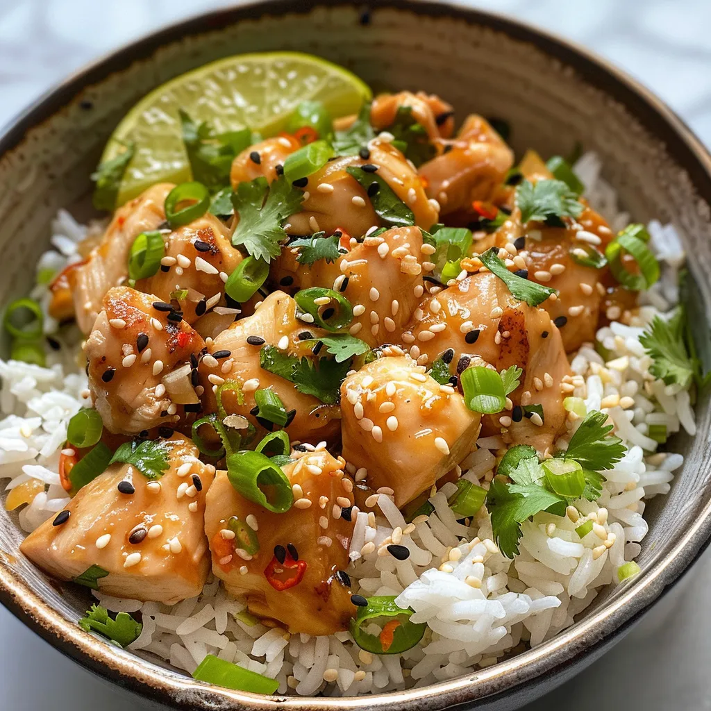 Side view of a Coconut Chicken Rice Bowl showcasing tender chicken and rice.