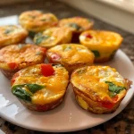 A side view of golden-brown Cottage Cheese Egg Bites, garnished with bell peppers and spinach.