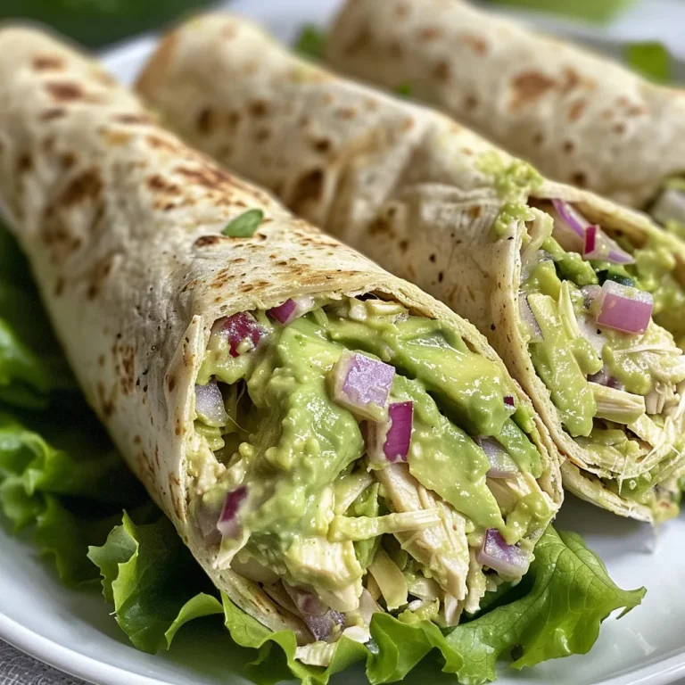 A close-up side view of creamy avocado chicken salad wraps with fresh ingredients.