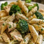 Close-up view of creamy broccoli and chicken penne pasta garnished with fresh parsley.