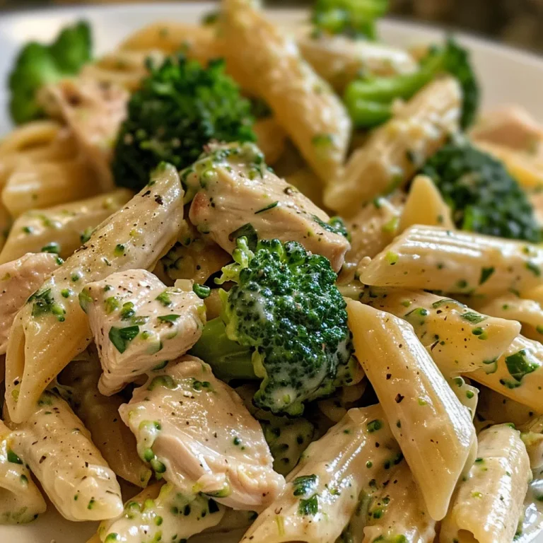 Close-up view of creamy broccoli and chicken penne pasta garnished with fresh parsley.