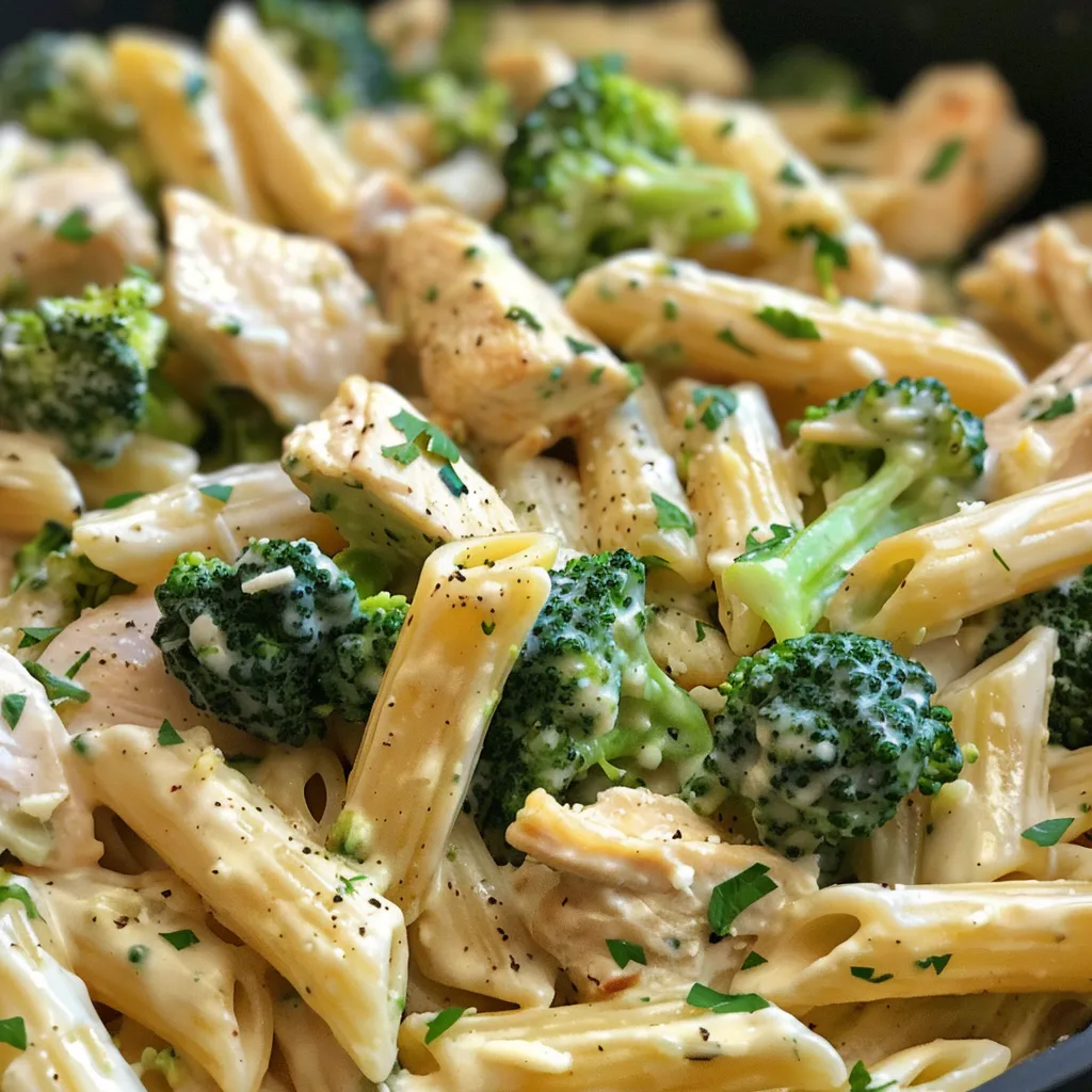 Side angle of a bowl filled with creamy broccoli, chicken, and penne pasta, showcasing vibrant ingredients.