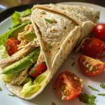 Juicy creamy chicken avocado wrap with fresh vegetables, sliced avocado, and cherry tomatoes.