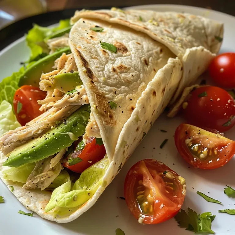 Juicy creamy chicken avocado wrap with fresh vegetables, sliced avocado, and cherry tomatoes.