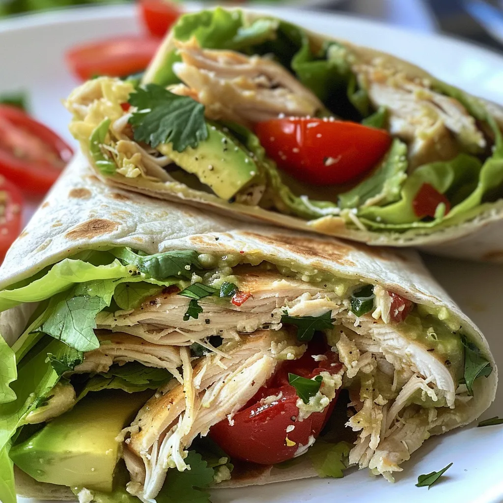 Close-up of a chicken avocado wrap, highlighting the vibrant colors of lettuce and tomatoes.