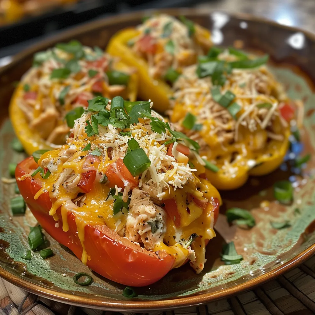 Close-up view of halved bell peppers filled with creamy chicken mixture.