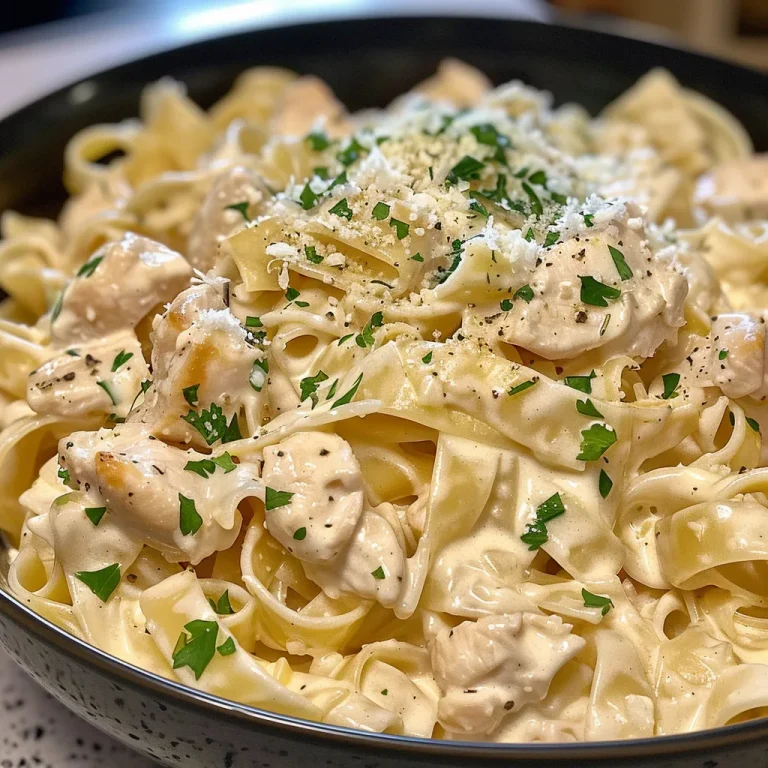 Close-up side view of creamy garlic butter chicken pasta with garnishes.