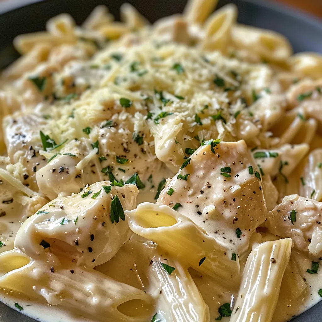 Juicy chicken pieces coated in creamy garlic sauce, surrounded by pasta.