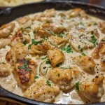 Close-up view of creamy garlic butter chicken and rotini pasta in a parmesan sauce.