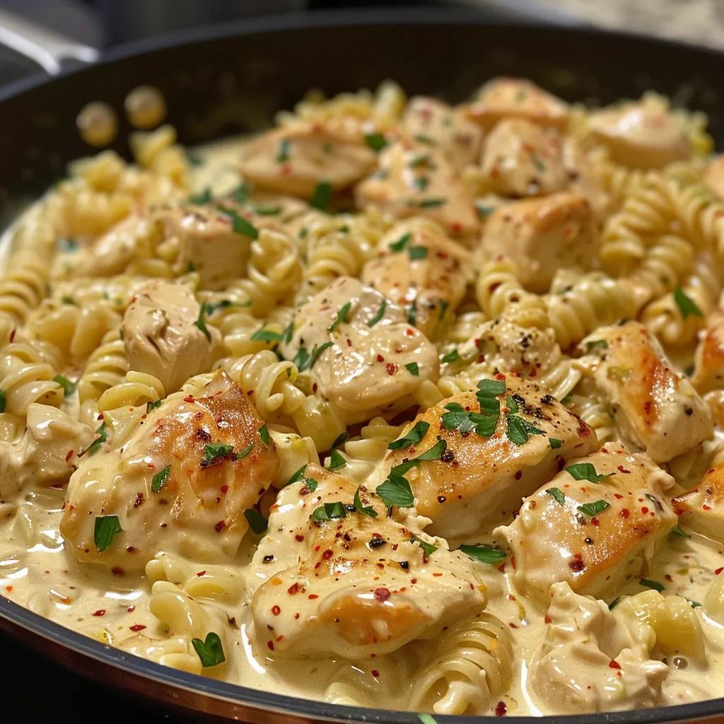 Juicy pieces of chicken mixed with rotini pasta, drenched in a rich garlic butter sauce.
