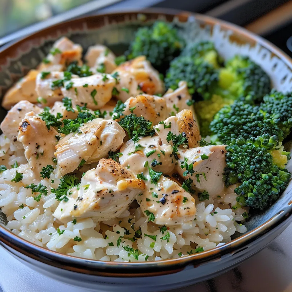 Side view of a bowl filled with chicken, rice, and creamy sauce.
