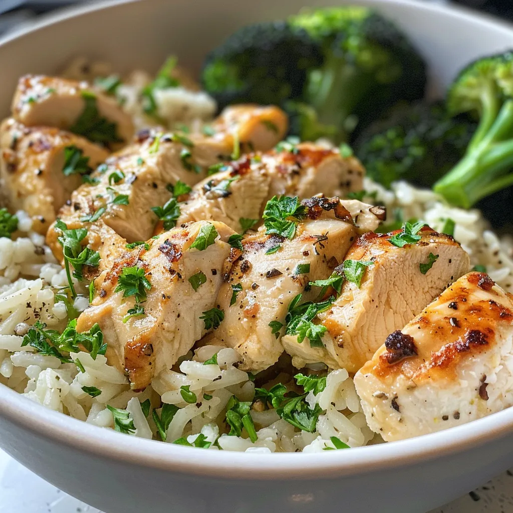 Juicy chicken pieces in a creamy garlic sauce served over rice with broccoli.