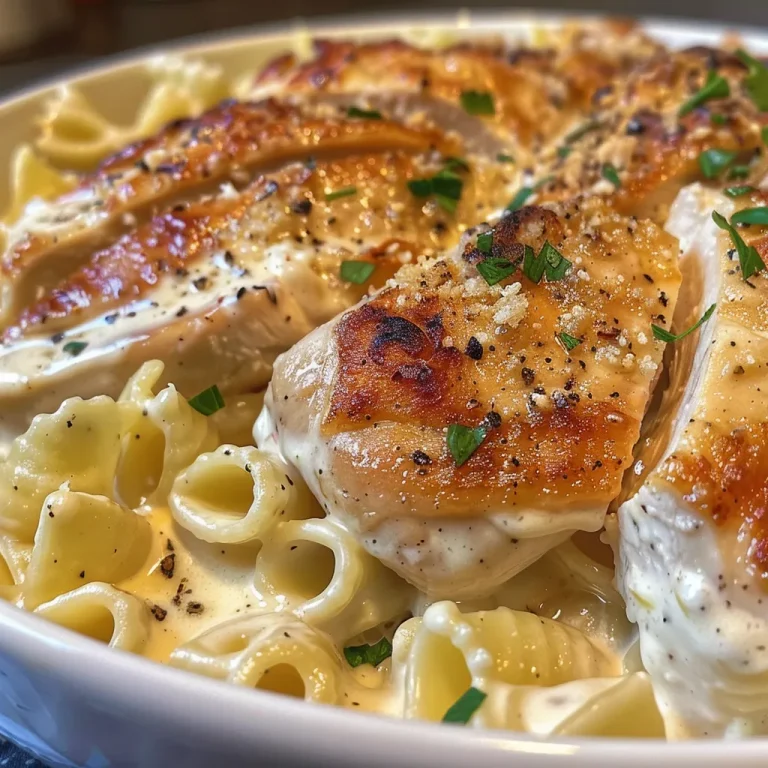 Close-up view of creamy garlic Parmesan chicken pasta with garnished parsley.