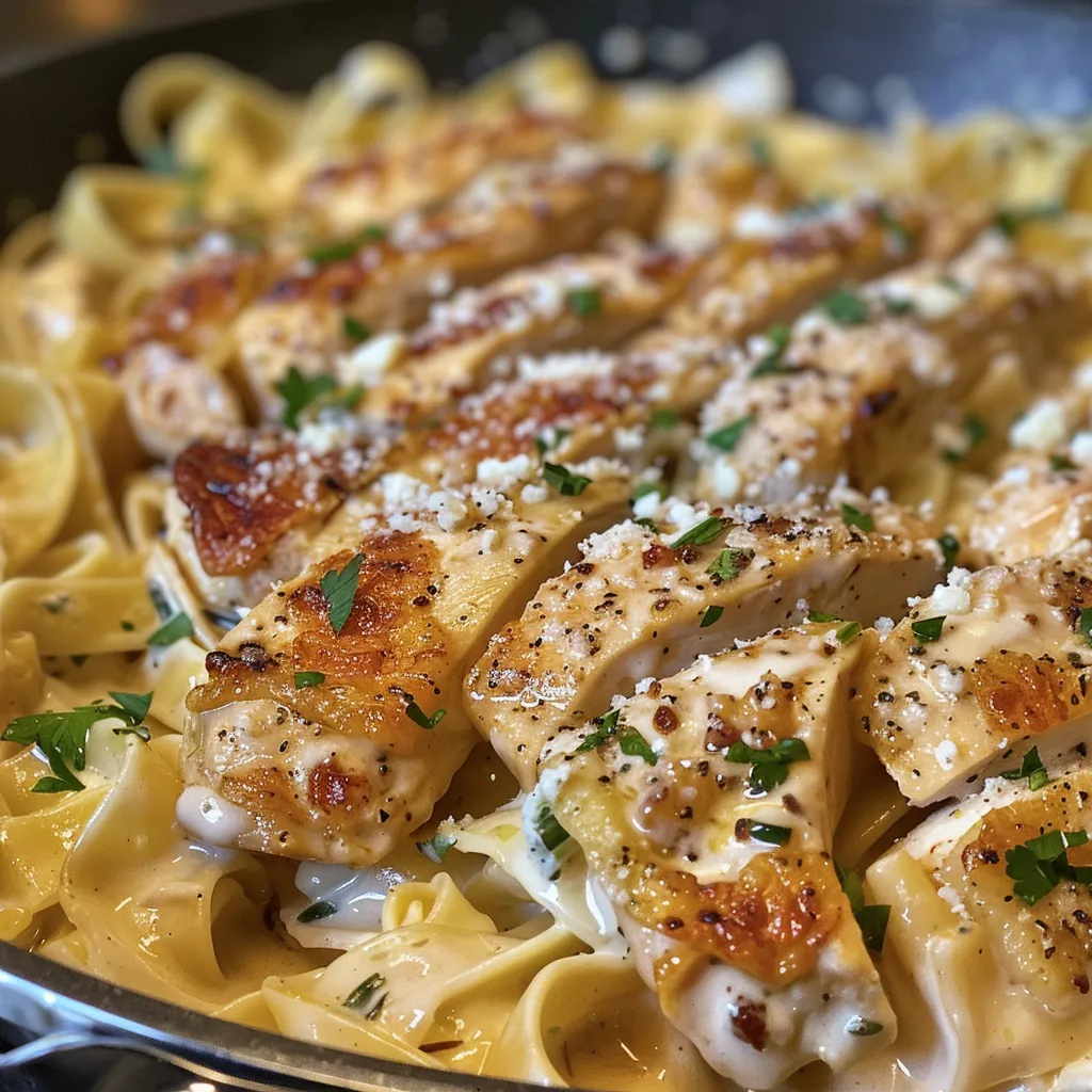 Delicious creamy garlic Parmesan chicken with fettuccine in a white sauce.