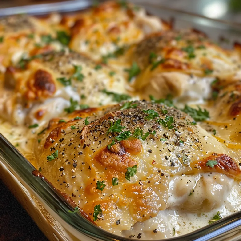 Close-up of Creamy Ranch Chicken Thighs Bake, highlighting the creamy sauce and seasonings.