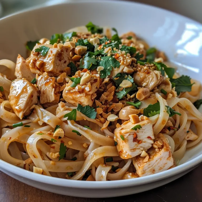 Close-up view of creamy spicy Thai peanut noodles with slices of chicken and vibrant green onions.