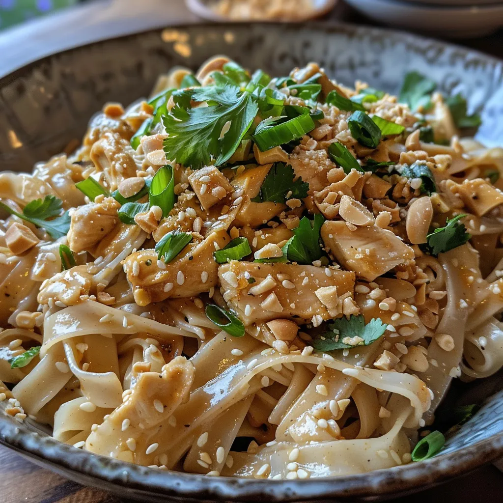 A detailed shot of Thai peanut noodles with chicken, garnished with cilantro and lime, showcasing creamy sauce.