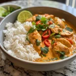 A bowl of creamy Thai red curry chicken with jasmine rice and fresh herbs.
