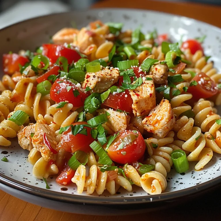 Close-up shot of creamy tomato chicken pasta with rotini, chicken pieces, and green onions.