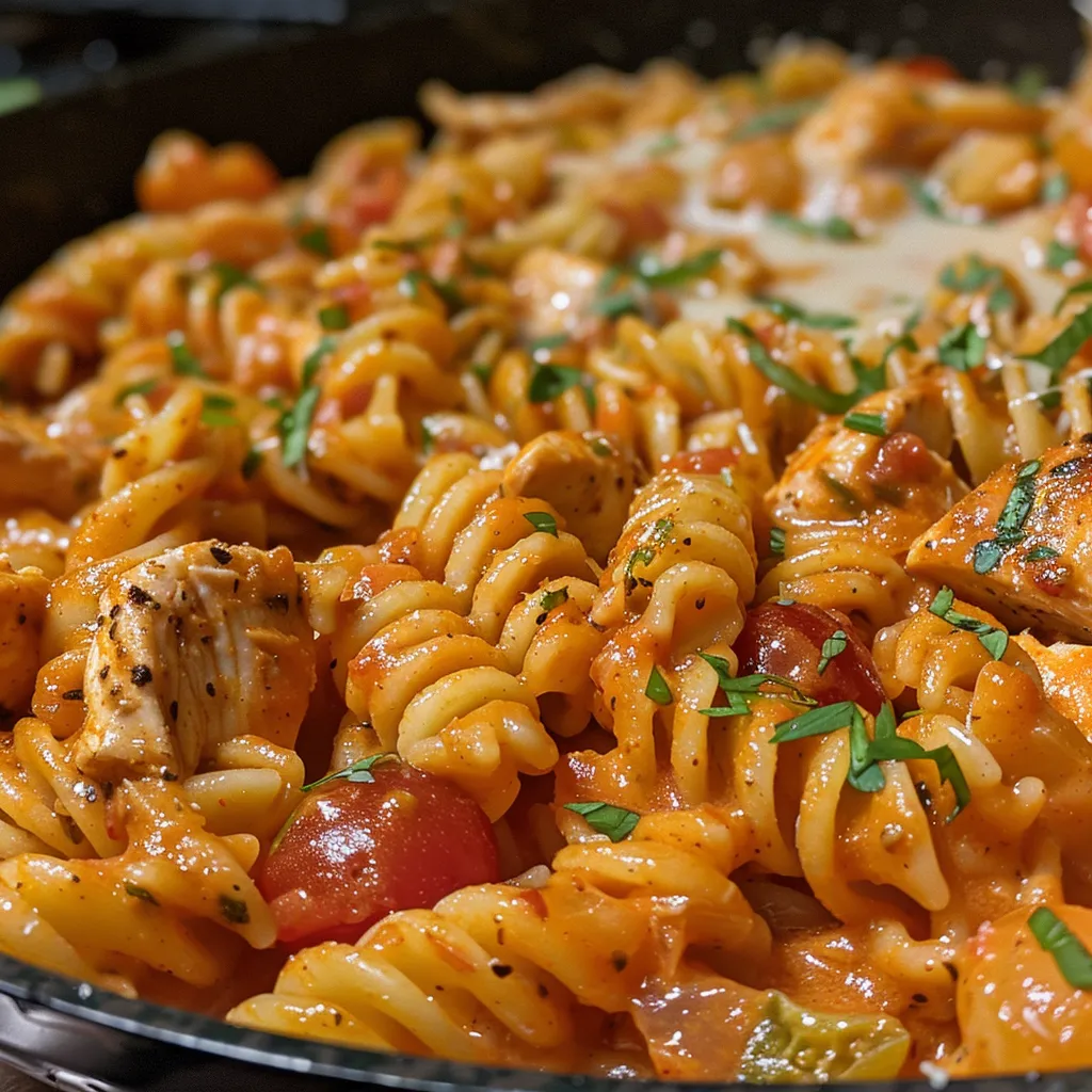 Side view of a delicious bowl of creamy tomato chicken pasta, garnished with parsley.