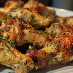 Close-up side view of crispy baked chicken wings on a plate.
