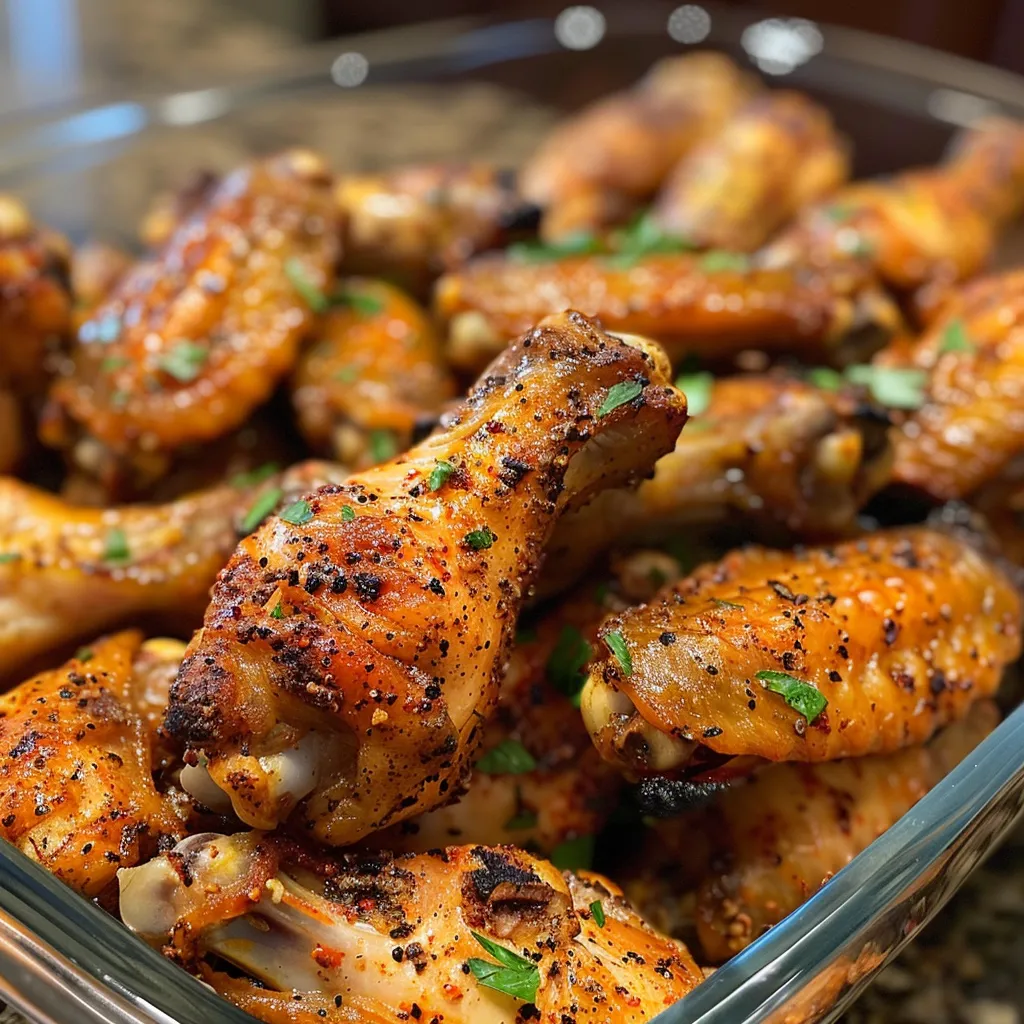 Juicy chicken wings garnished with spices, showcasing a golden crispy texture.