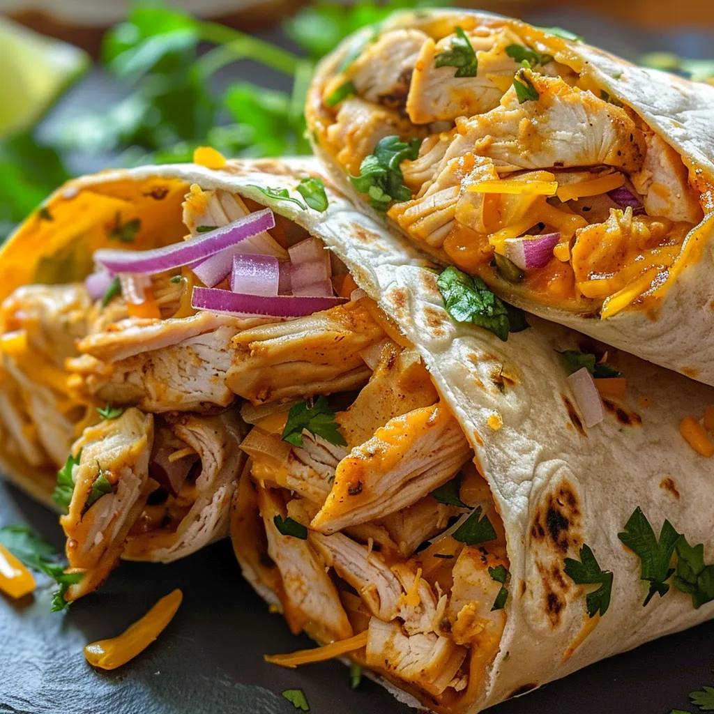 Juicy BBQ chicken wraps featuring ingredients like cheddar cheese and cilantro, captured from the side.